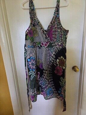 Spense Floral Patchwork V-Neck Sundress in Black, Purple, Blue, Green